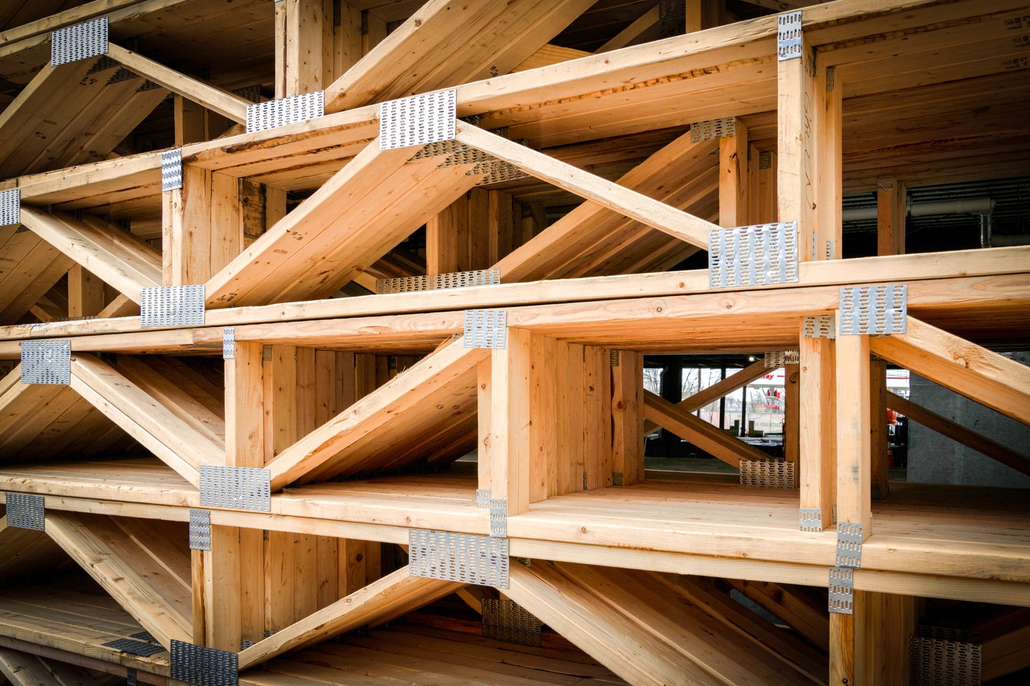 Floor trusses installed in a residential construction project