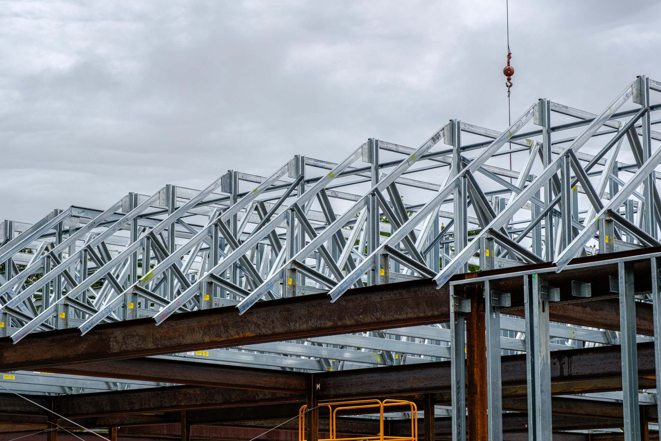 Cold formed steel trusses installed at a commercial construction project